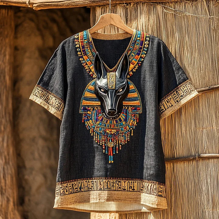 Ancient Egyptian Anubis-Inspired V-Neck Linen T-Shirt