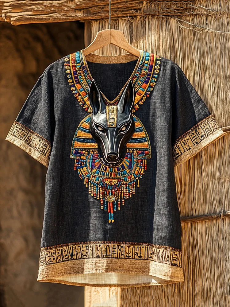 Ancient Egyptian Anubis-Inspired V-Neck Linen T-Shirt