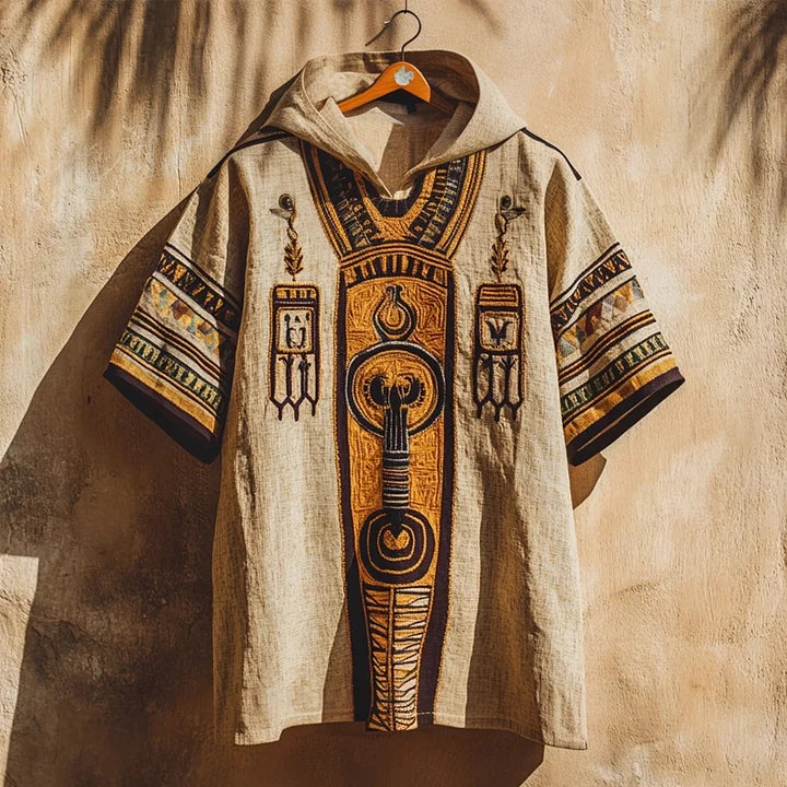 Ancient Egyptian-Inspired Patchwork Hooded Linen Shirt