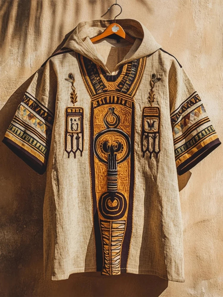 Ancient Egyptian-Inspired Patchwork Hooded Linen Shirt