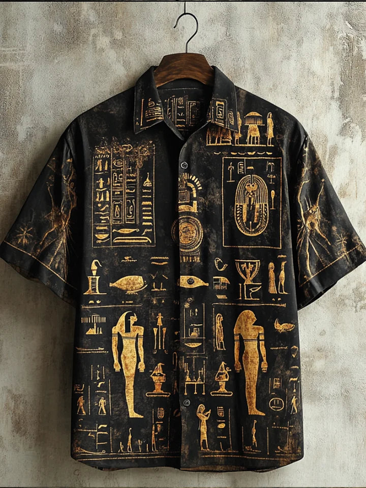 Ancient Egyptian Relief Print Lapel Linen Short-Sleeved Shirt