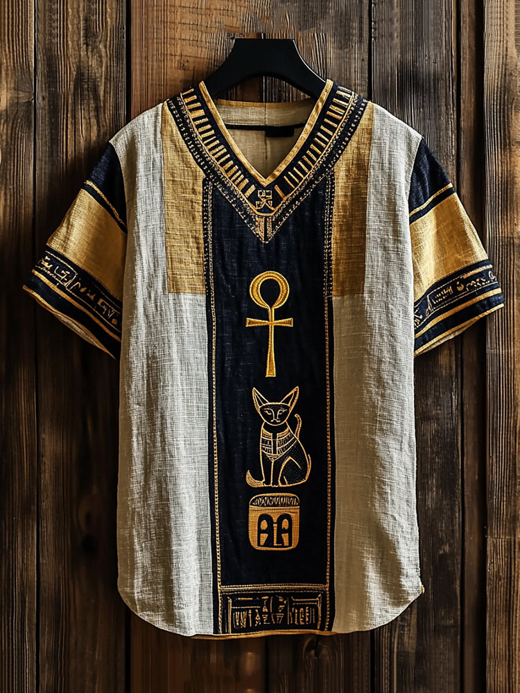 Ancient Egyptian Ankh & Bastet Cat Embroidered Linen Shirt