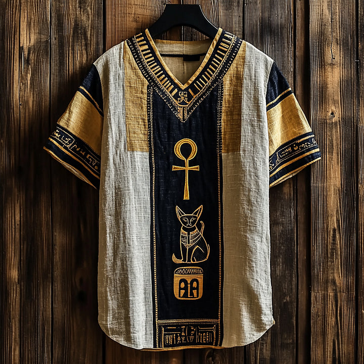 Ancient Egyptian Ankh & Bastet Cat Embroidered Linen Shirt