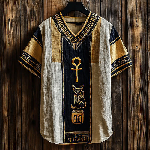Ancient Egyptian Ankh & Bastet Cat Embroidered Linen Shirt