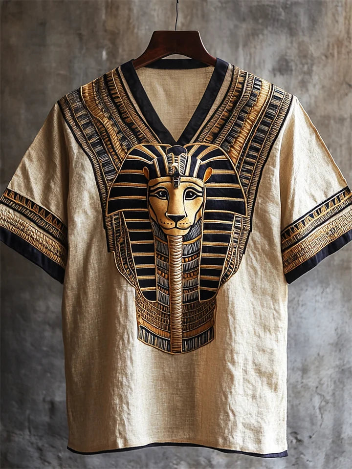 Ancient Egyptian Lion Embroidered Folk Linen Shirt
