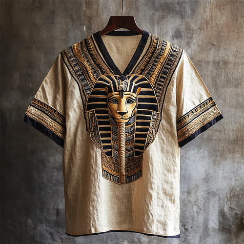 Ancient Egyptian Lion Embroidered Folk Linen Shirt