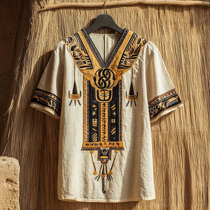 Ancient Egyptian Ouroboros Knot-Inspired V-Neck Linen T-Shirt