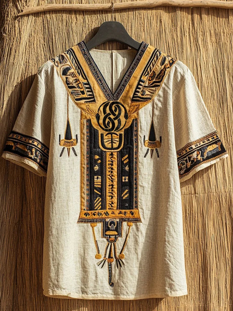 Ancient Egyptian Ouroboros Knot-Inspired V-Neck Linen T-Shirt