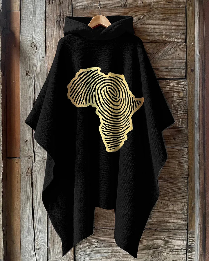 African Fingerprint Map Hooded Fleece Shawl Cape