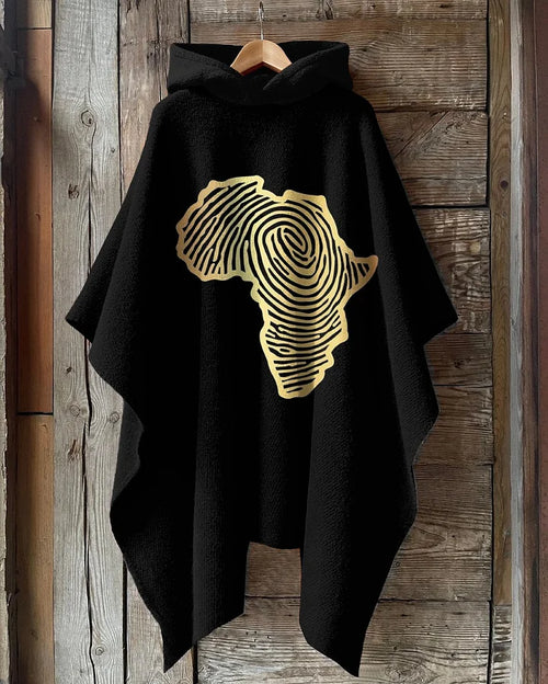 African Fingerprint Map Hooded Fleece Shawl Cape