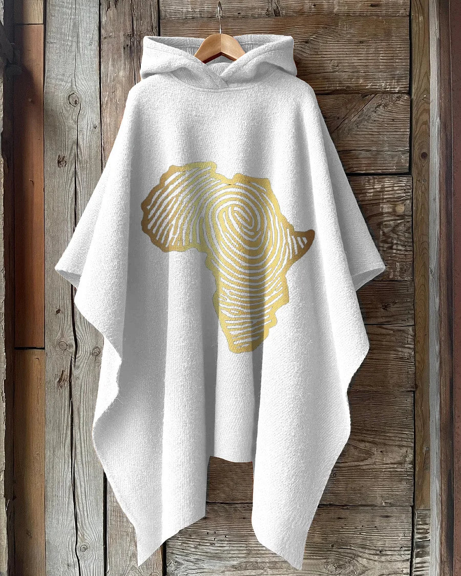 African Fingerprint Map Hooded Fleece Shawl Cape