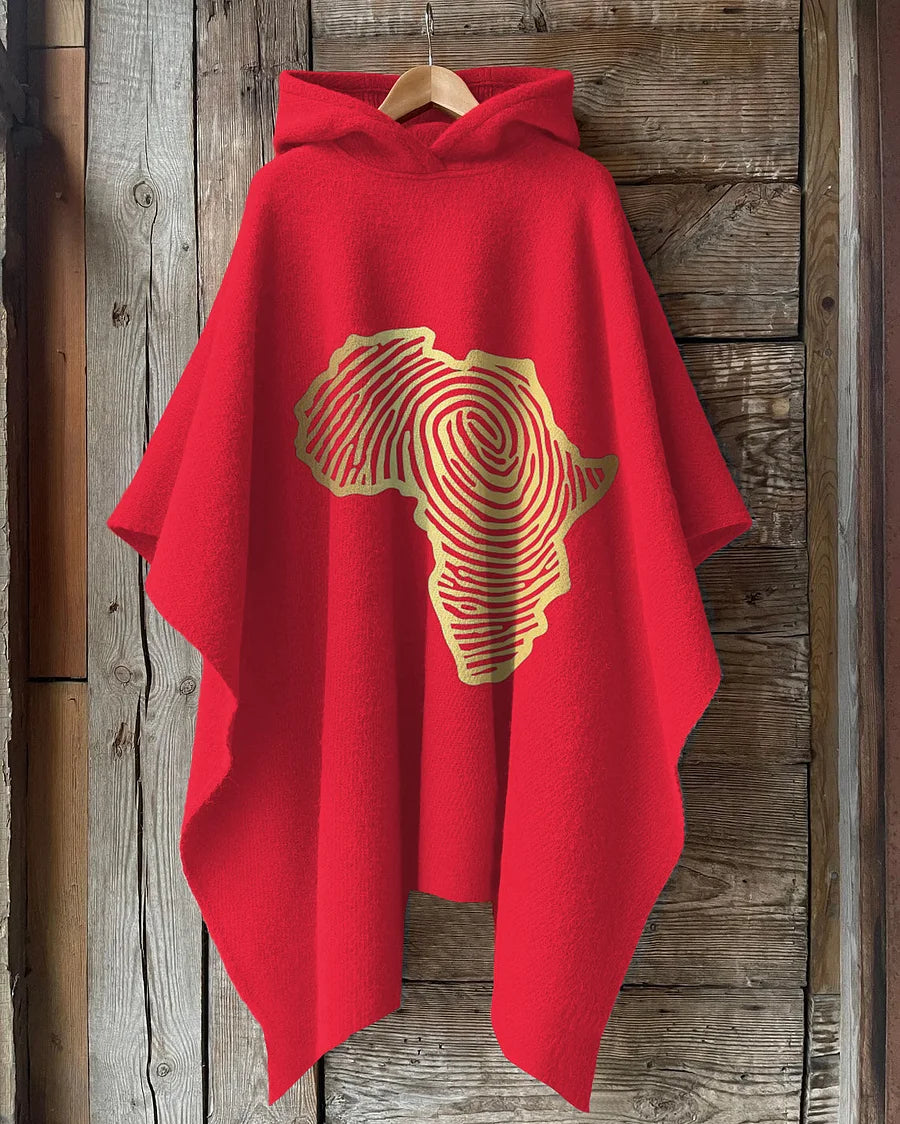 African Fingerprint Map Hooded Fleece Shawl Cape