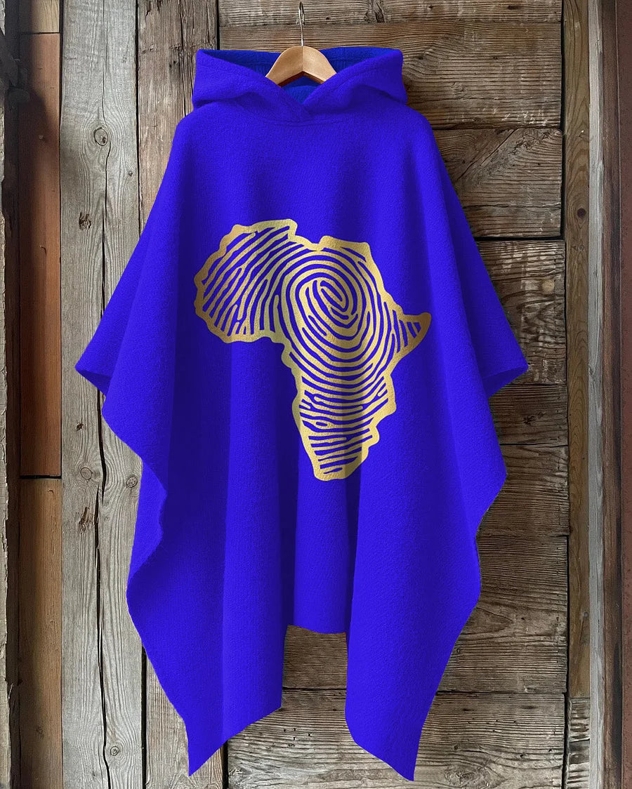 African Fingerprint Map Hooded Fleece Shawl Cape