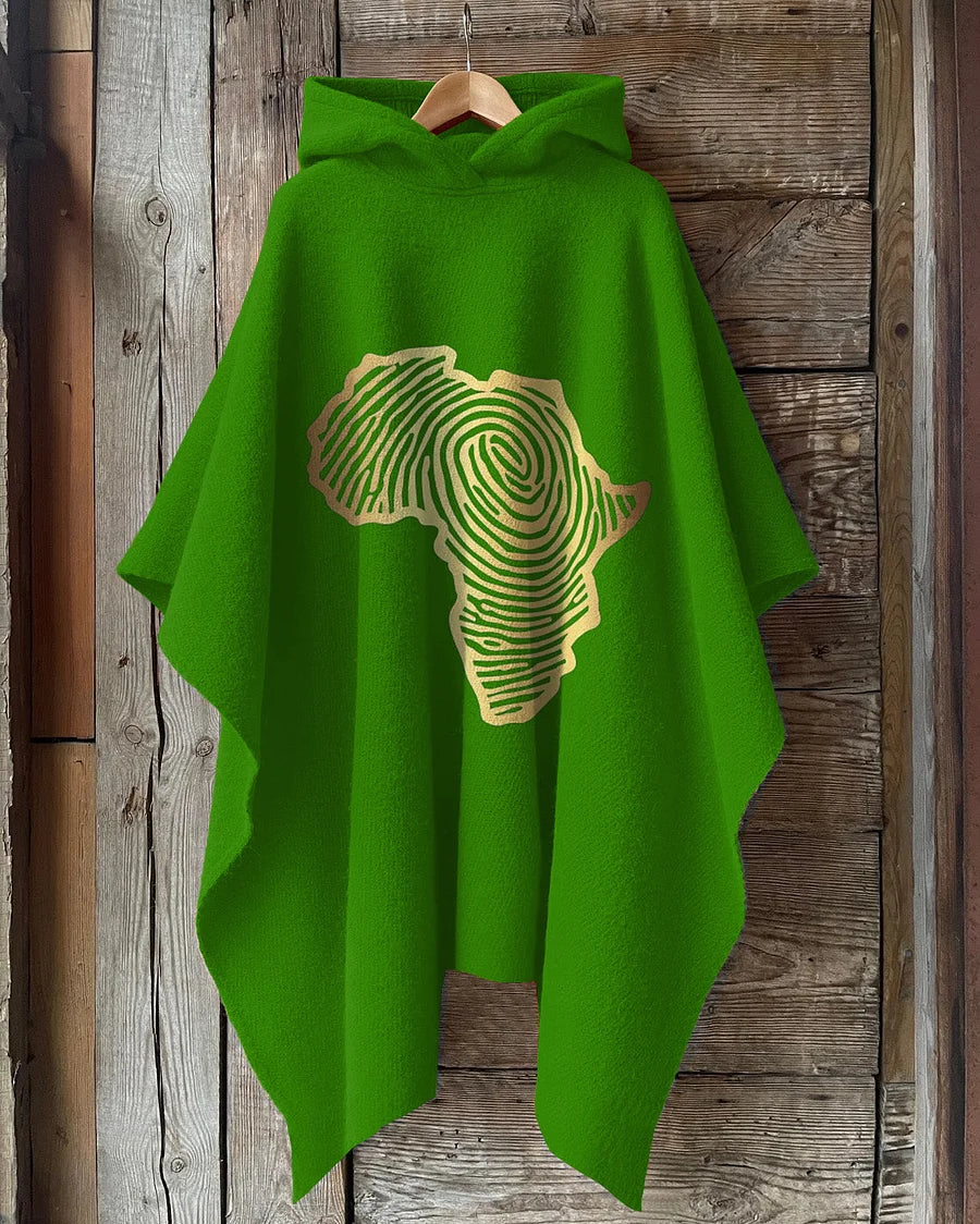 African Fingerprint Map Hooded Fleece Shawl Cape